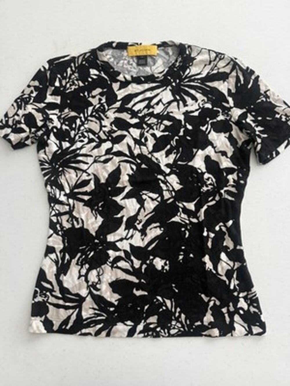 St. John Women's Floral Knit Top Black Cream Sz P Petite Workwear Resort Casual